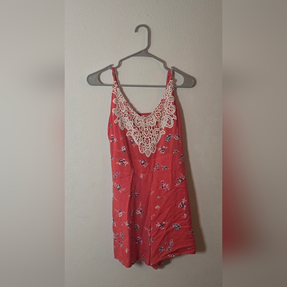Xhilaration Coral Floral Lace Trim Boho Festival Summer Romper S